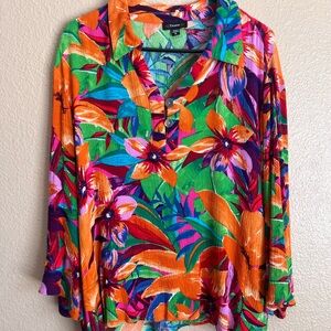 Cocomo Collar Floral Print V-Neck 3/4 Sleeve Tropical Vibrant Blouse XL